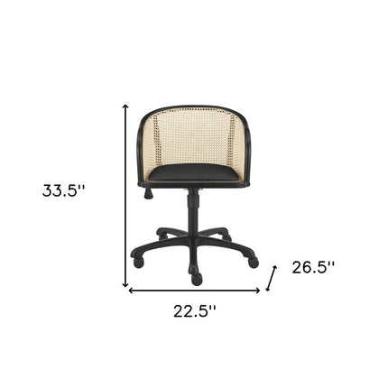 Beige and Black Solid Wood Steel And Cane Rattan Adjustable Swivel Rolling Office Chair HomeRoots