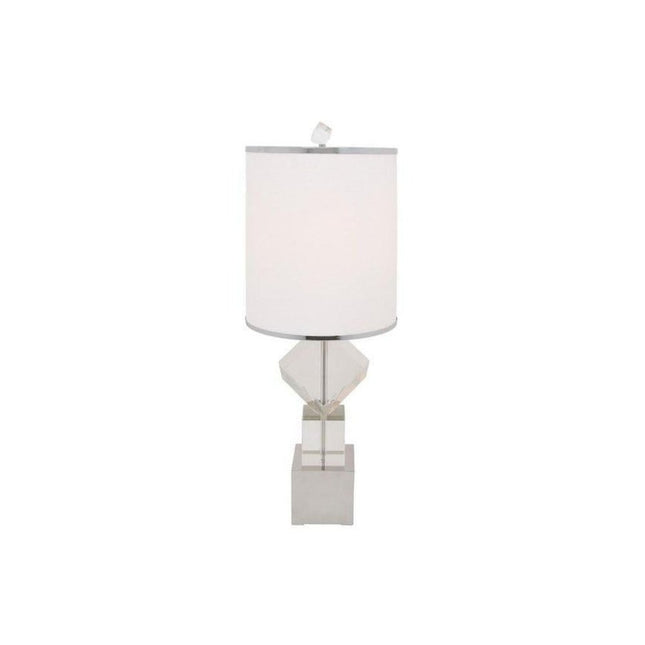 31" Clear And Silver Faux Crystal Geometric Table Lamp LED With White Drum Shade HomeRoots