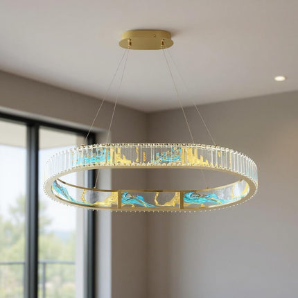 Gold Clear And Blue Geometric Crystal LED Chandelier HomeRoots