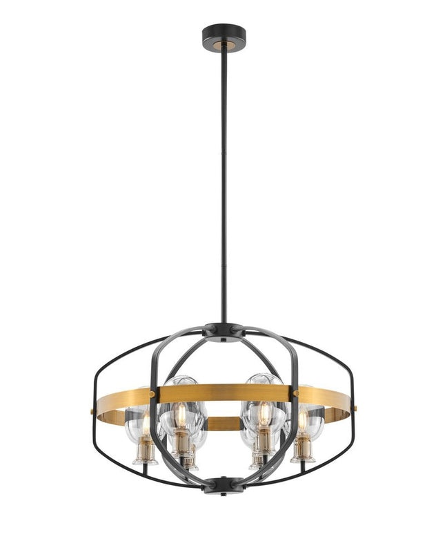 Black Gold And Clear Eight Light Transparent Metal Edison Bulb Dimmable Chandelier With Black And Gold Shades HomeRoots