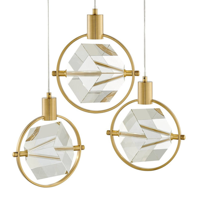 Gold And Clear Geometric Three Light Metal Dimmable Chandelier With Clear Shades HomeRoots