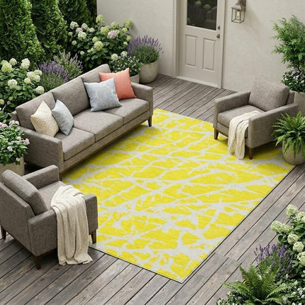 9' X 12' Yellow and White Abstract Washable Non Skid Indoor Outdoor Area Rug