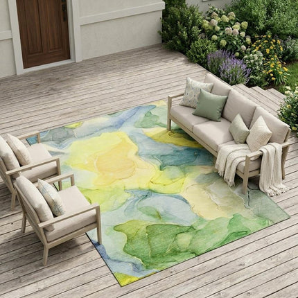 9' X 12' Yellow Abstract Washable Non Skid Indoor Outdoor Area Rug