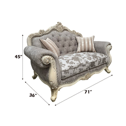 ACME 56021 Ragenardus Loveseat with 2 Pillows, Gray Fabric & Antique White