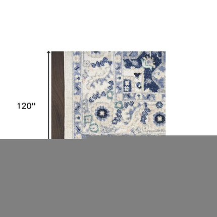 10' Ivory Gray And Blue Floral Runner Rug HomeRoots