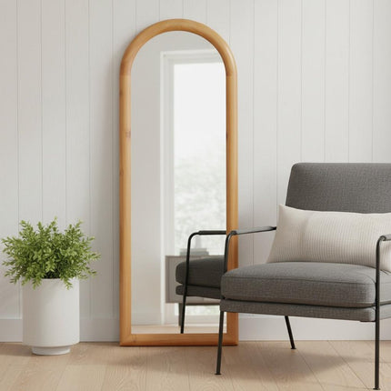 66" Natural Solid Wood Arch Framed Full Length Mirror