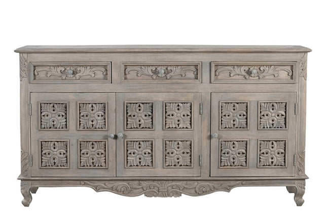69" Gray Distressed Solid Wood Carved Floral Three Drawer Sideboard With Three Doors HomeRoots