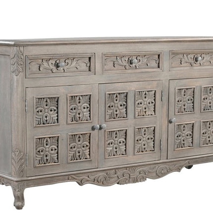 69" Gray Distressed Solid Wood Carved Floral Three Drawer Sideboard With Three Doors HomeRoots