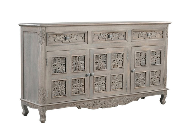 69" Gray Distressed Solid Wood Carved Floral Three Drawer Sideboard With Three Doors HomeRoots