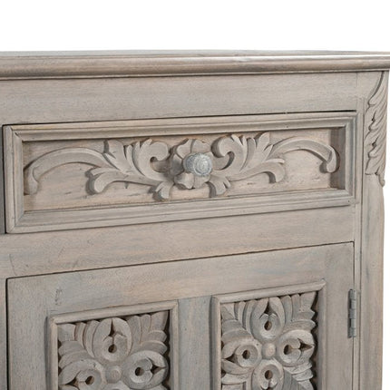 69" Gray Distressed Solid Wood Carved Floral Three Drawer Sideboard With Three Doors HomeRoots