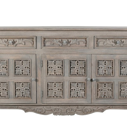69" Gray Distressed Solid Wood Carved Floral Three Drawer Sideboard With Three Doors HomeRoots