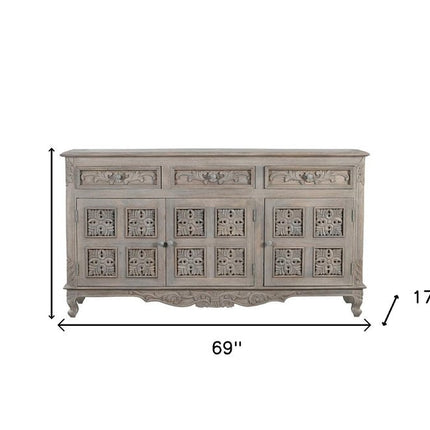 69" Gray Distressed Solid Wood Carved Floral Three Drawer Sideboard With Three Doors HomeRoots