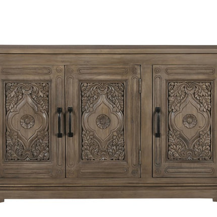 59" Brown Distressed Solid Wood Carved Scrollwork Sideboard With Three Doors HomeRoots