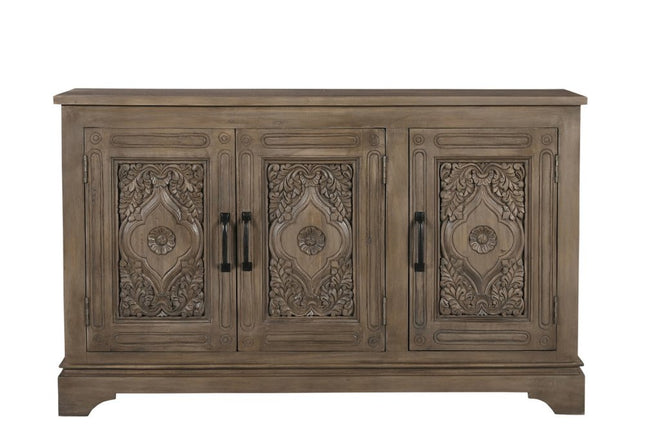 59" Brown Distressed Solid Wood Carved Scrollwork Sideboard With Three Doors HomeRoots