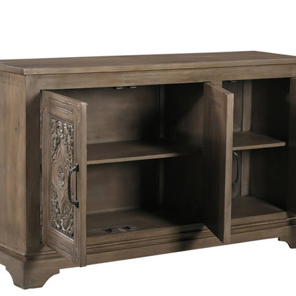 59" Brown Distressed Solid Wood Carved Scrollwork Sideboard With Three Doors HomeRoots