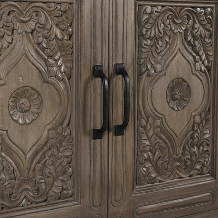 59" Brown Distressed Solid Wood Carved Scrollwork Sideboard With Three Doors HomeRoots