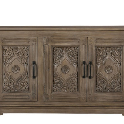 59" Brown Distressed Solid Wood Carved Scrollwork Sideboard With Three Doors HomeRoots