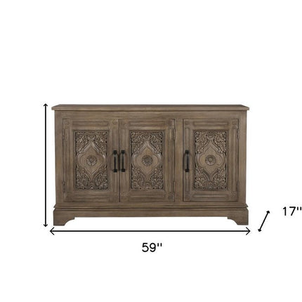 59" Brown Distressed Solid Wood Carved Scrollwork Sideboard With Three Doors HomeRoots