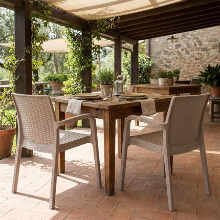 Set of Two Taupe Faux Rattan Heavy Duty Plastic Outdoor Stacking Arm Chairs HomeRoots