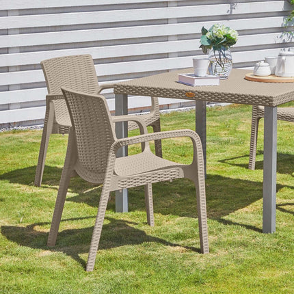 Set of Two Taupe Faux Rattan Heavy Duty Plastic Outdoor Stacking Arm Chairs HomeRoots