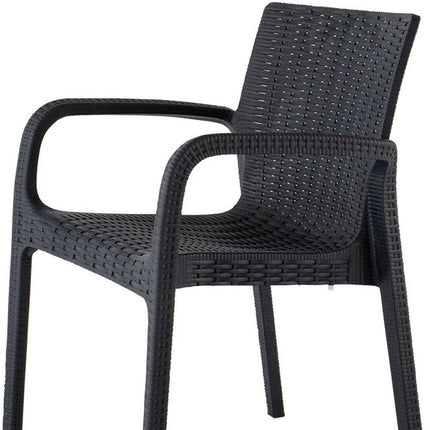 Set of Two Black Faux Rattan Heavy Duty Plastic Outdoor Stacking Arm Chairs HomeRoots