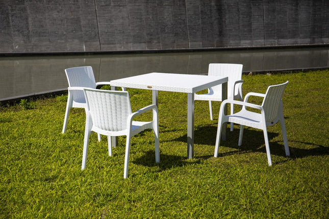 Set of Two White Faux Rattan Heavy Duty Plastic Outdoor Stacking Arm Chairs HomeRoots