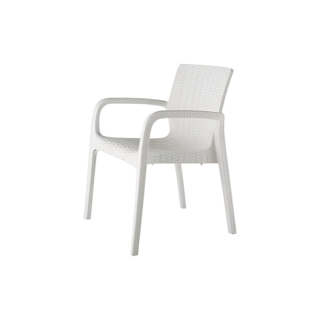 Set of Two White Faux Rattan Heavy Duty Plastic Outdoor Stacking Arm Chairs HomeRoots