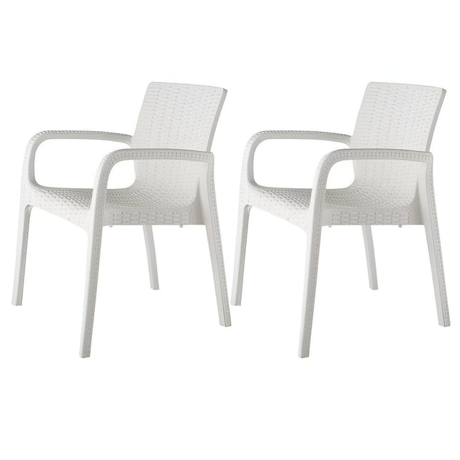 Set of Two White Faux Rattan Heavy Duty Plastic Outdoor Stacking Arm Chairs HomeRoots