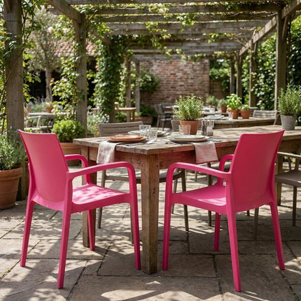 Set of Two Fuchsia Heavy Duty Plastic Outdoor Stacking Dining Chairs HomeRoots
