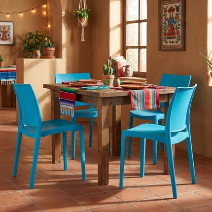Set of Four Blue Heavy Duty Plastic Outdoor Stacking Dining Chairs HomeRoots