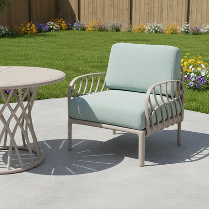31" Gray Heavy Duty Plastic Outdoor Armchair With Sea Green Cushion HomeRoots