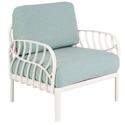31" White Heavy Duty Plastic Outdoor Armchair With Sea Green Cushion HomeRoots