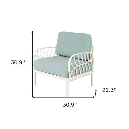 31" White Heavy Duty Plastic Outdoor Armchair With Sea Green Cushion HomeRoots
