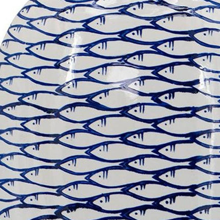 16" Blue And White Fish Print Oval Ceramic Table Vase HomeRoots
