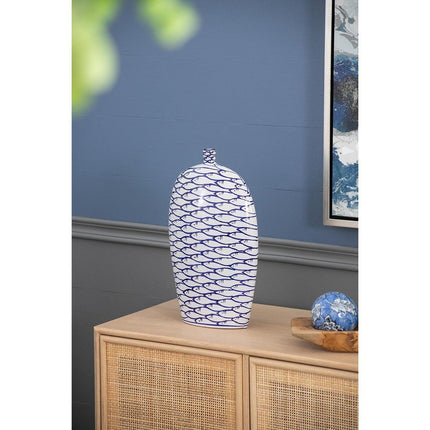 16" Blue And White Fish Print Oval Ceramic Table Vase HomeRoots