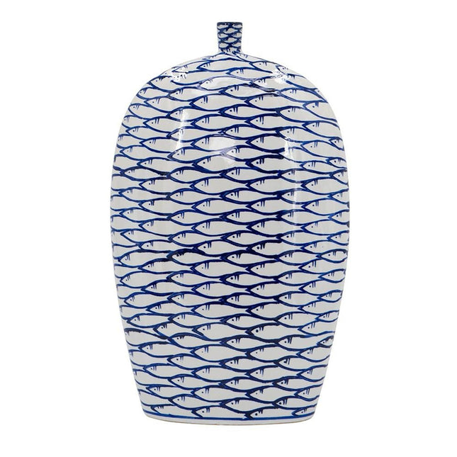16" Blue And White Fish Print Oval Ceramic Table Vase HomeRoots