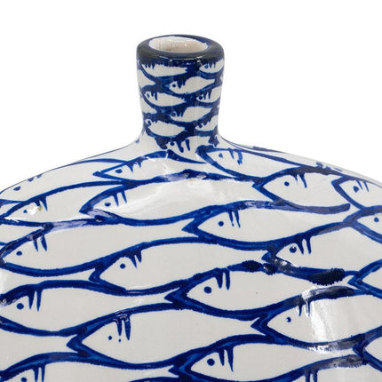 16" Blue And White Fish Print Oval Ceramic Table Vase HomeRoots