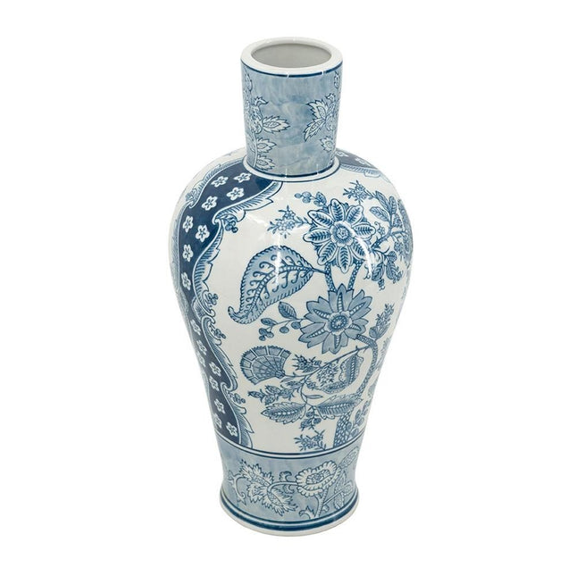 17" Light Blue And White Floral Round Porcelain Table Vase HomeRoots