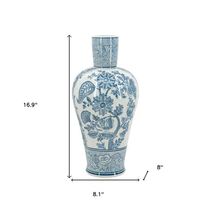 17" Light Blue And White Floral Round Porcelain Table Vase HomeRoots
