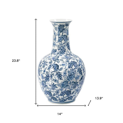 24" Blue And White Floral Curved Porcelain Table Vase HomeRoots