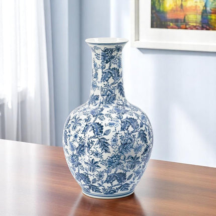 24" Blue And White Floral Curved Porcelain Table Vase HomeRoots