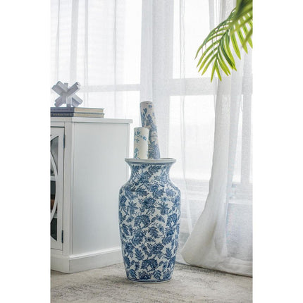 24" Blue And White Chinoiserie Porcelain Urn Table Vase HomeRoots