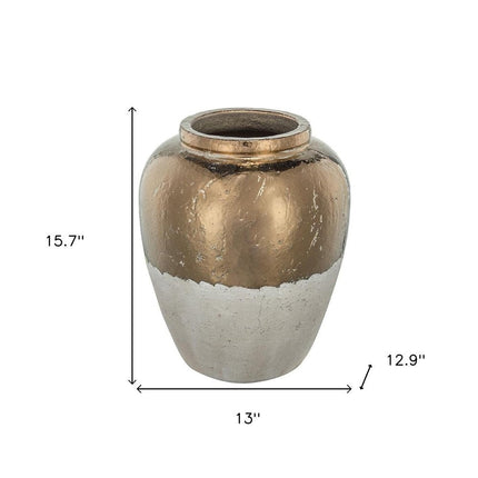 16" Antiqued Bronze And Light Gray Color Block Ceramic Round Jug Vase HomeRoots