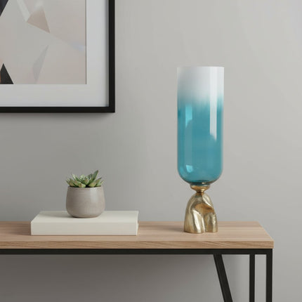21" Blue White And Gold Ombre Glass And Aluminum Pedestal Table Vase HomeRoots