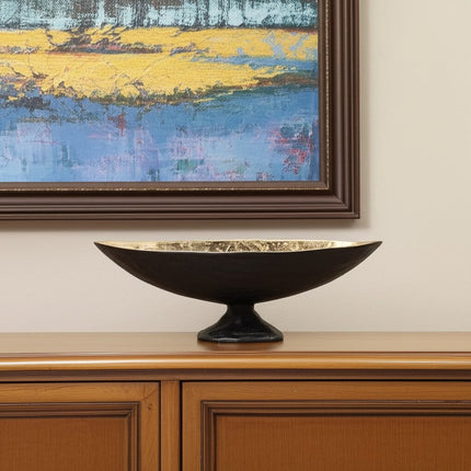 14" Black And Gold Aluminum Oval Pedestal Centerpiece Bowl HomeRoots