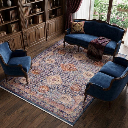 9' X 13' Blue Red and Gold Oriental Power Loom Area Rug