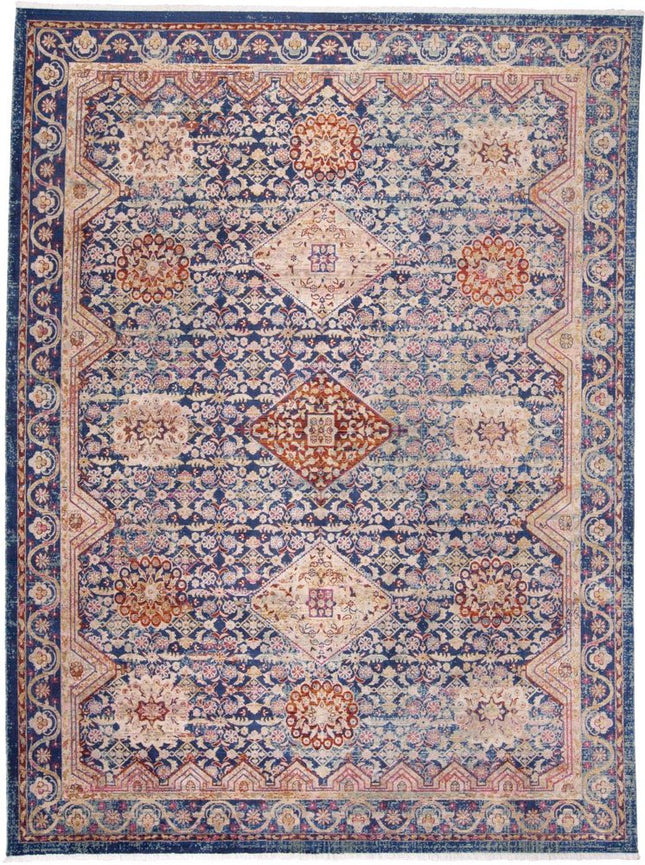 9' X 13' Blue Red and Gold Oriental Power Loom Area Rug HomeRoots