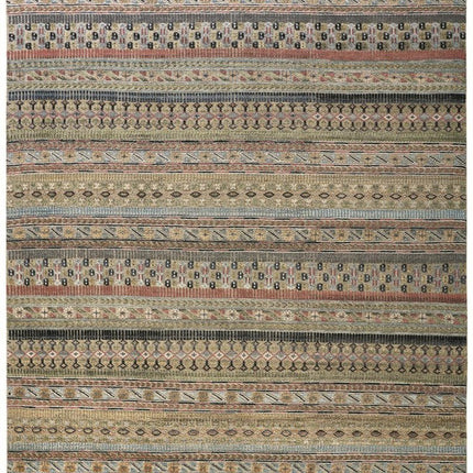 9' X 13' Tan Blue and Orange Striped Hand Knotted Area Rug HomeRoots