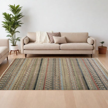 9' X 13' Tan Blue and Orange Striped Hand Knotted Area Rug HomeRoots