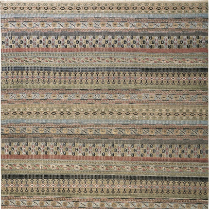 9' X 13' Tan Blue and Orange Striped Hand Knotted Area Rug HomeRoots